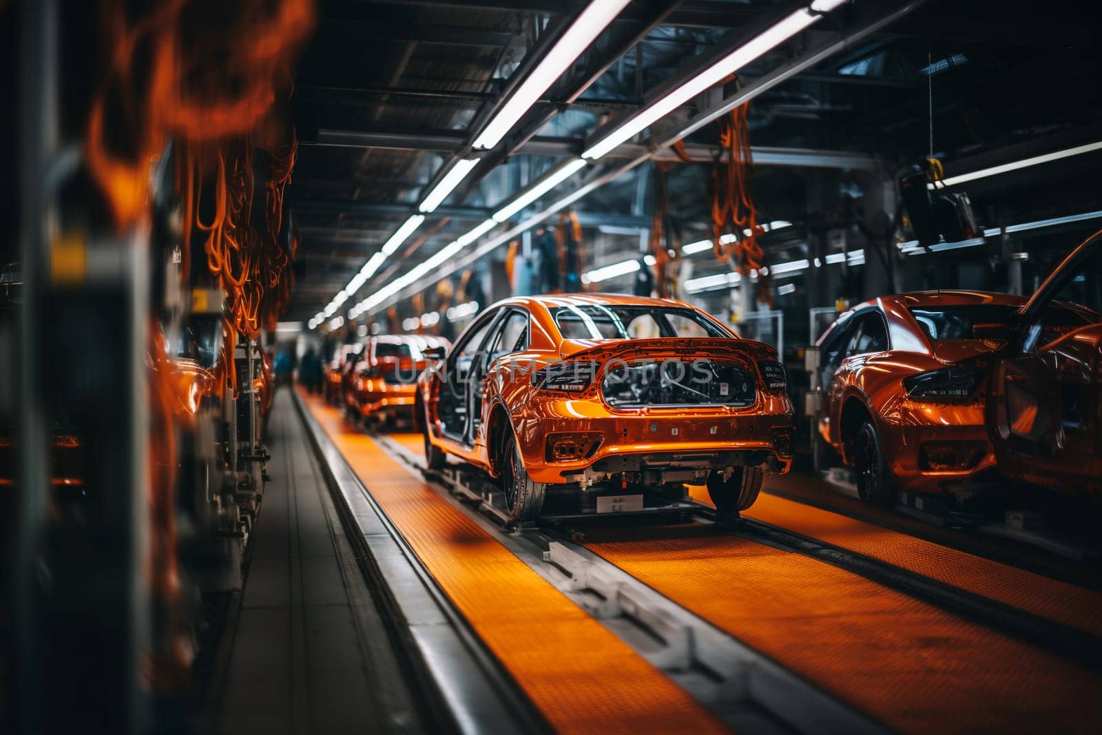 Car production factory, robotic assembly line with vehicle body, automated build process