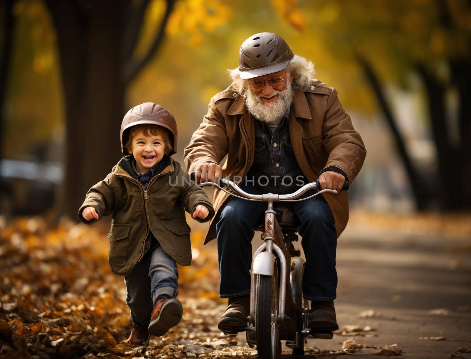 Grandfather is teaching grandchild to ride a bicycle in the park, outdoor activity and leisure, happy family