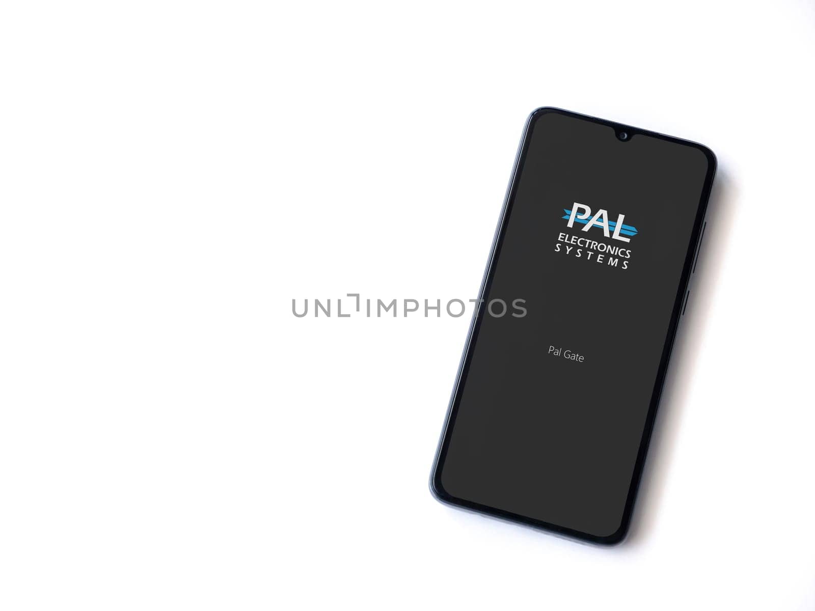 Lod, Israel - July 16,2023: PalGate app launch screen on smartphone on white background. Top view flat lay with copy space.