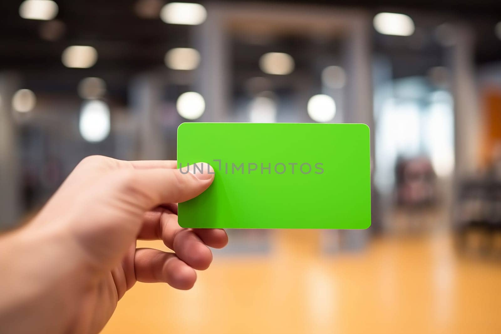 hand holding credit card mockup on blurred cafe background.concept of lending and banking services.Generative AI