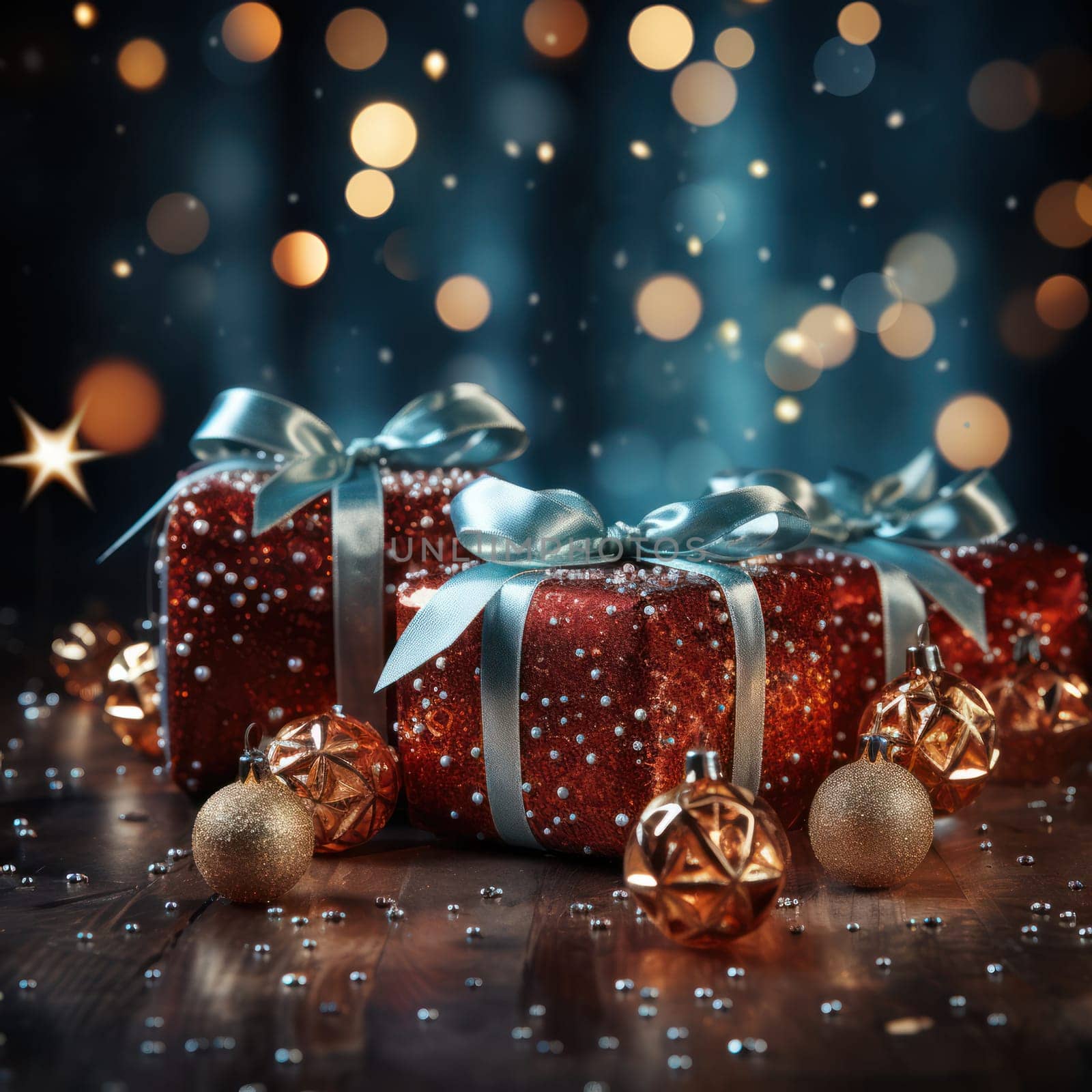 holiday gifts with christmas tree decorations on Christmas beautiful background. Generative AI