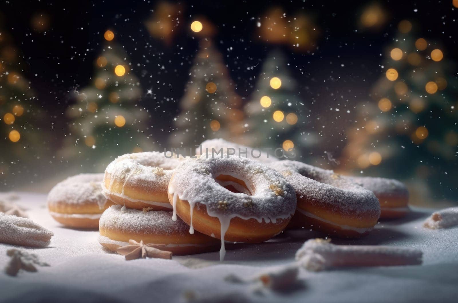 donuts covered in powdered sugar as if covered in snow against the backdrop of small illuminated Christmas trees. Generative AI