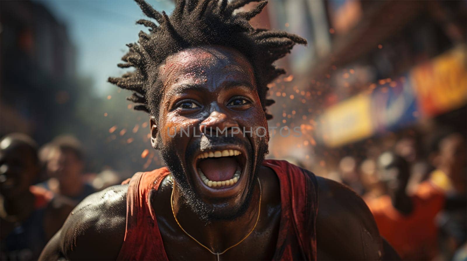 a man runs in horror in front of the crowd. Fright and fear, emotion concept. Generative AI
