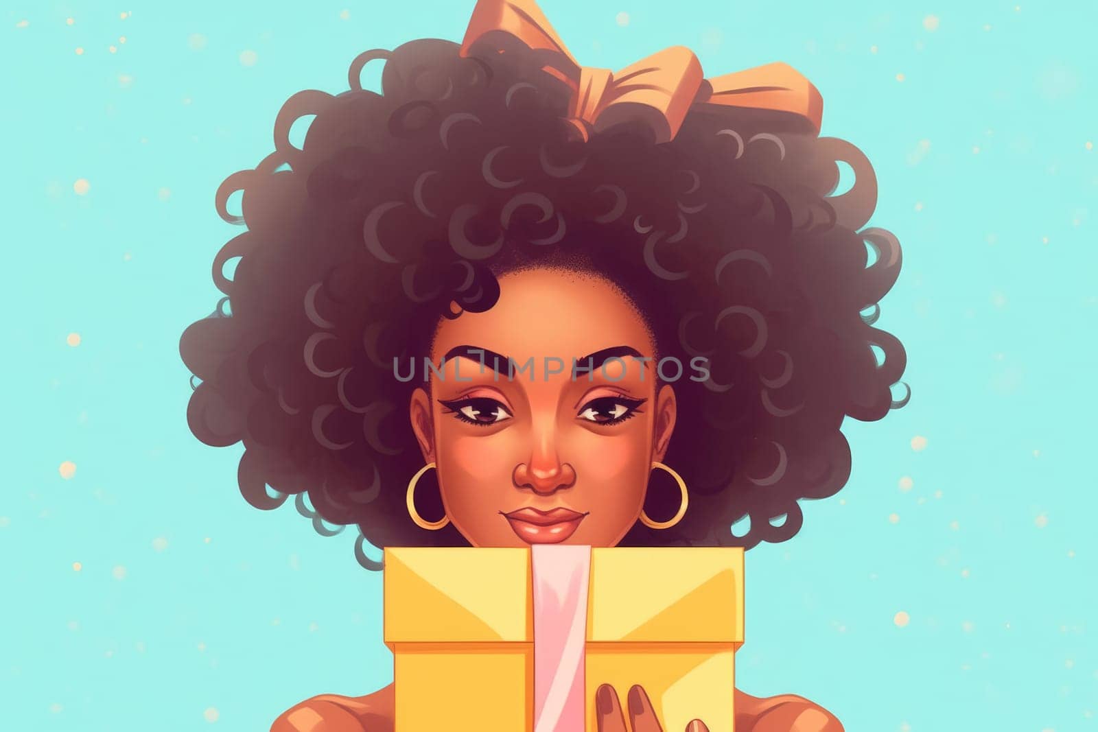 Stylish young African American woman with curly hair holding a gift box.Generative AI