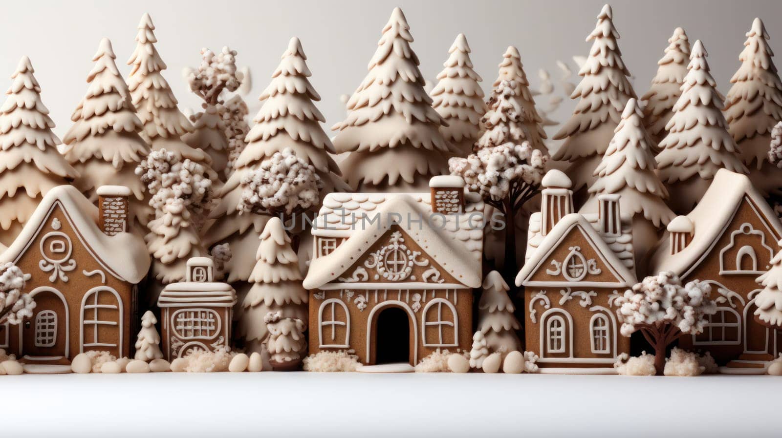 Christmas background with houses and fir trees made of gingerbread cookies with icing sugar. Generative AI