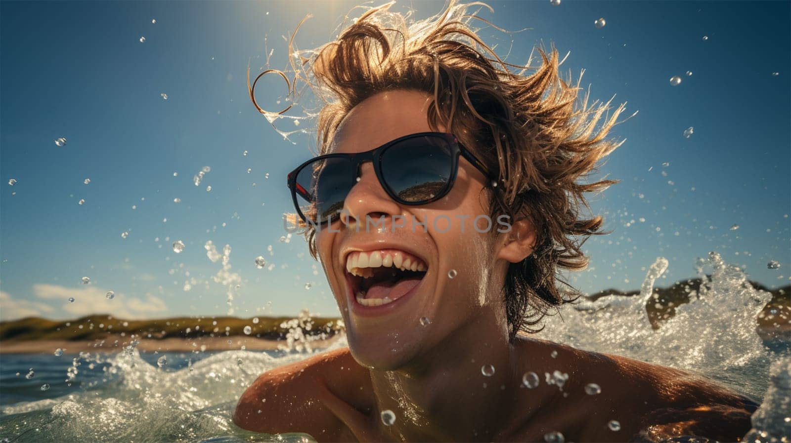 emotional portrait of a cheerful young man in glasses in the pool on a sunny day. vacation and travel concept. Generative AI