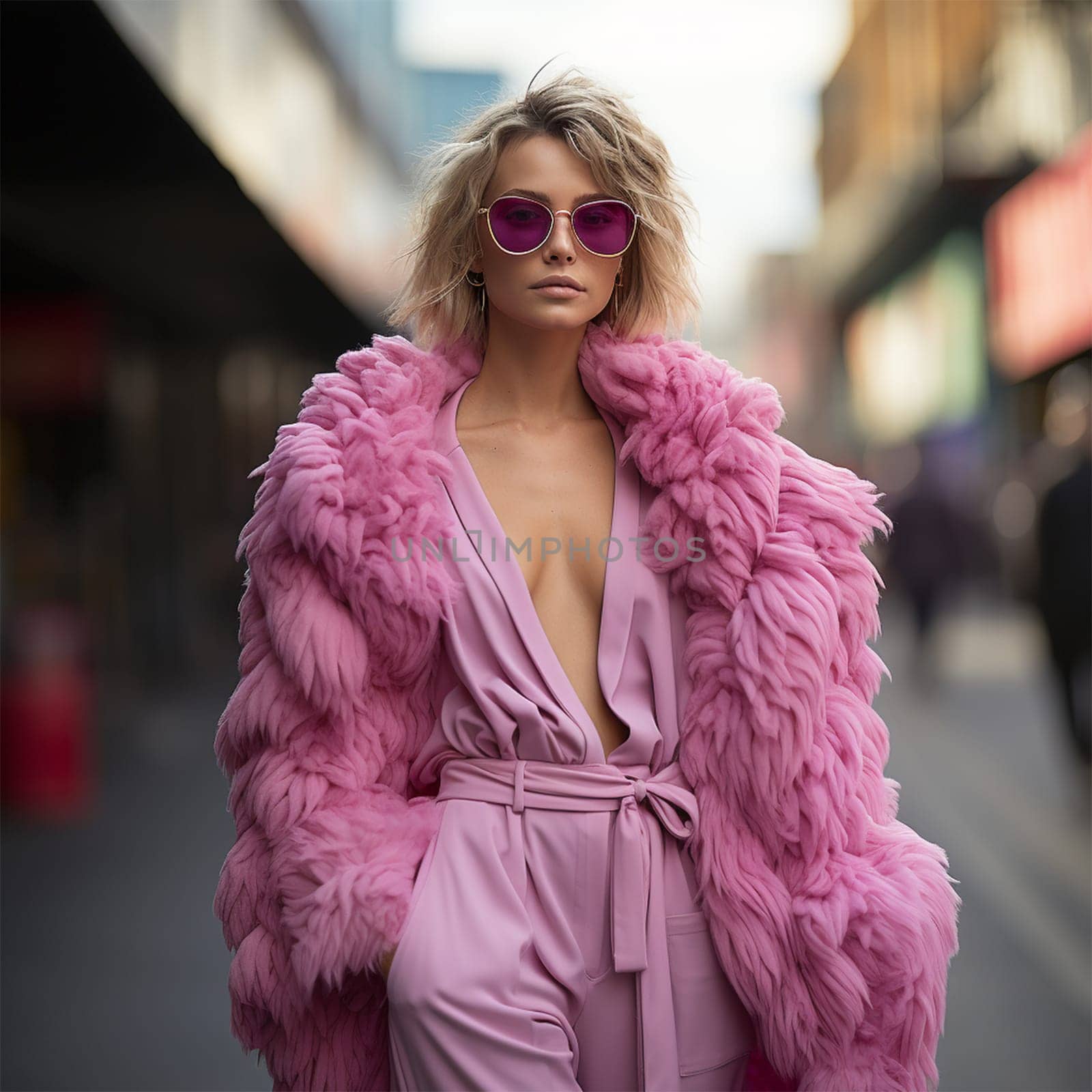 Street style clothing - fashionable young woman in an extravagant pink fur coat on the street.Generative AI