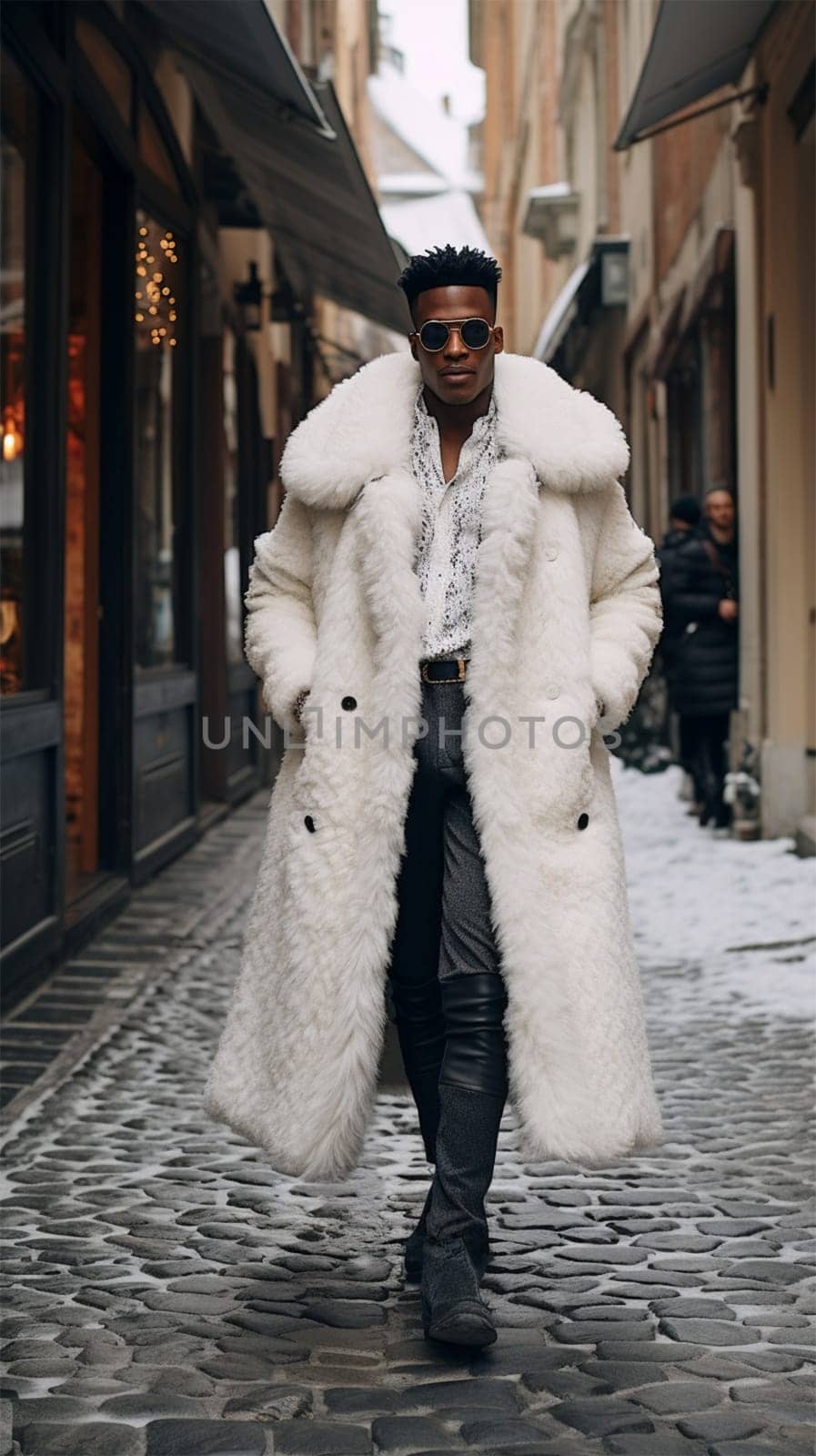 Street style clothing - fashionable African American man in a white elegant fur coat on the street. for Fashion Concept, Animal Welfare and Faux Fur, Content Blogger.Generative AI