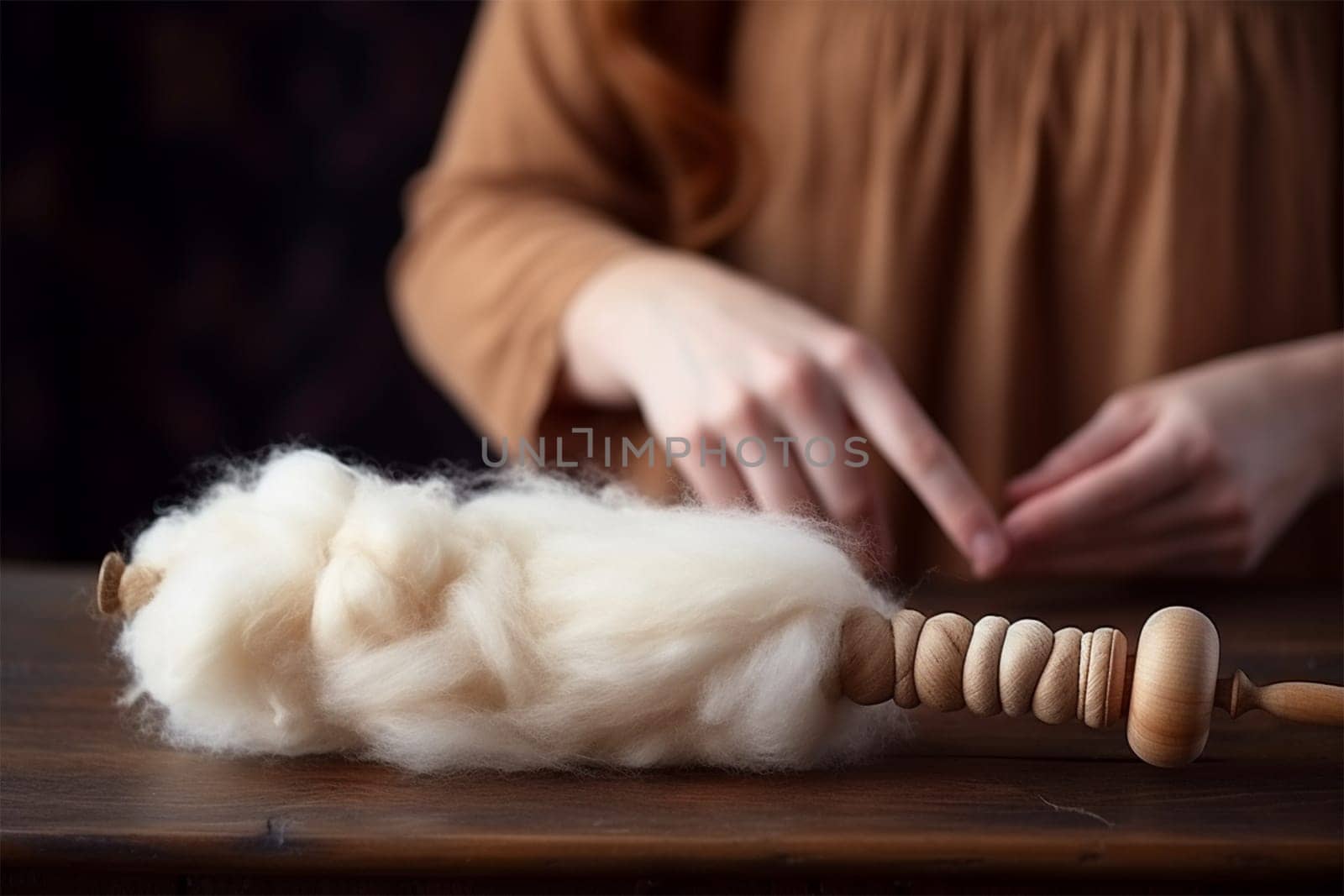 Woman's hands with spindle and yarn. ancient crafts.Generative AI