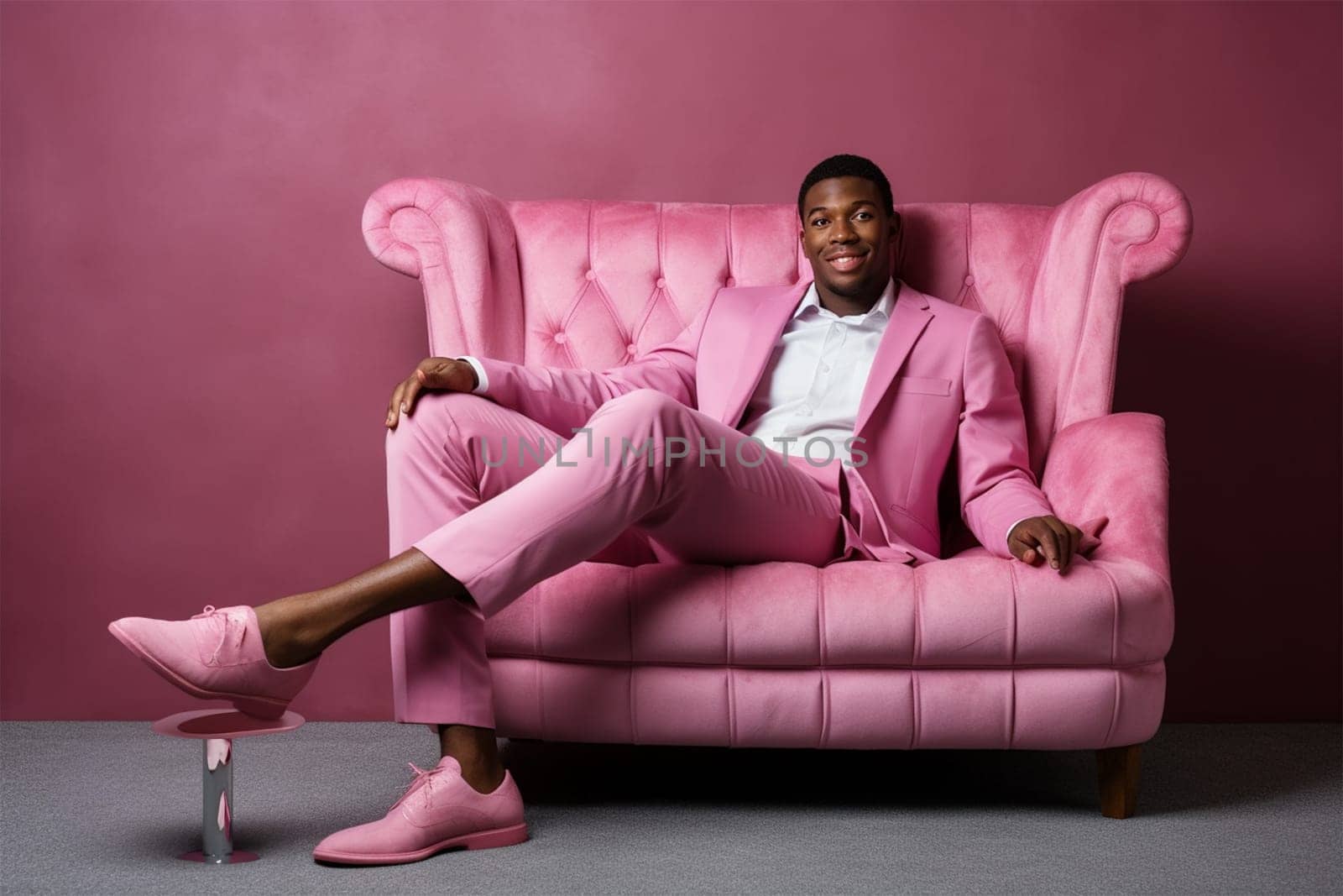 fashionable stylish man in a pink elegant suit on a pink fur chair. fashion concept, blogger content. Generative AI