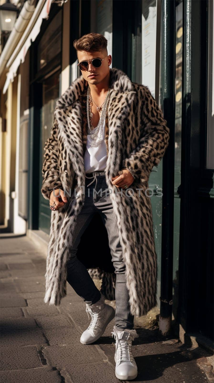 Street style clothing - fashionable man in an elegant fur coat fashion on the street. Animal protection and faux fur concept.Generative AI