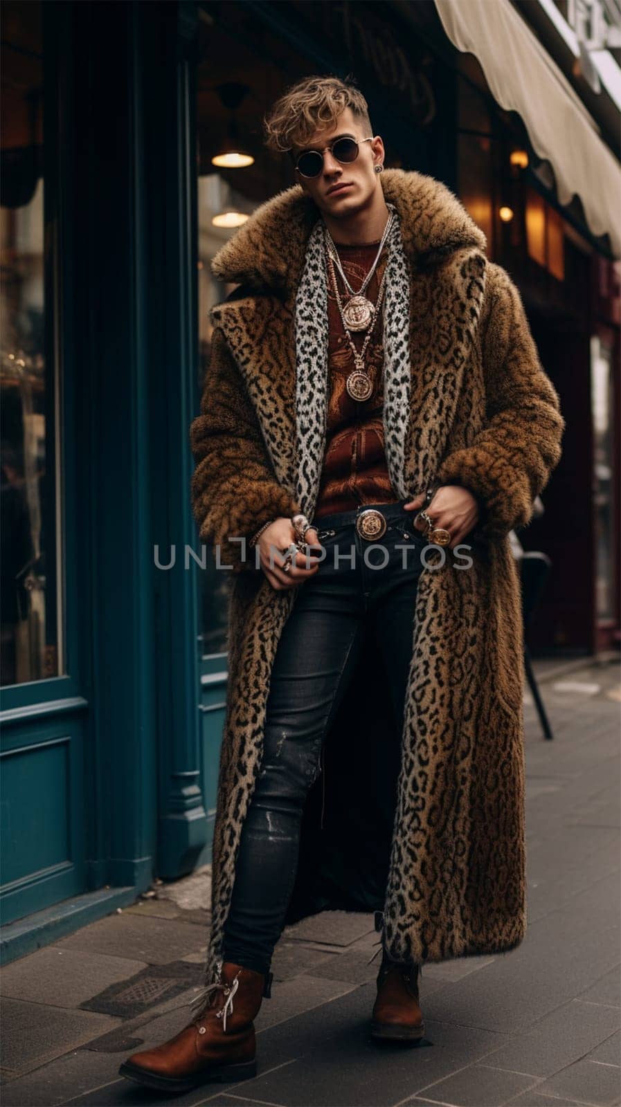 Street style clothing - fashionable man in an elegant fur coat fashion on the street. Animal protection and faux fur concept.Generative AI