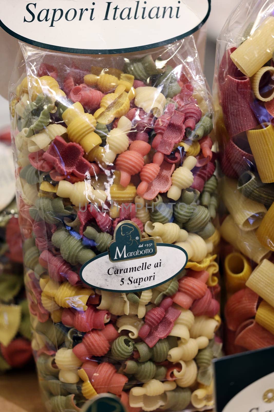 Cracow, Poland - November 5, 2021: Variety of types, shapes and colors of Italian pasta at Enoexpo and Gastrofood - Trade Fair for Food and Drinks for Catering