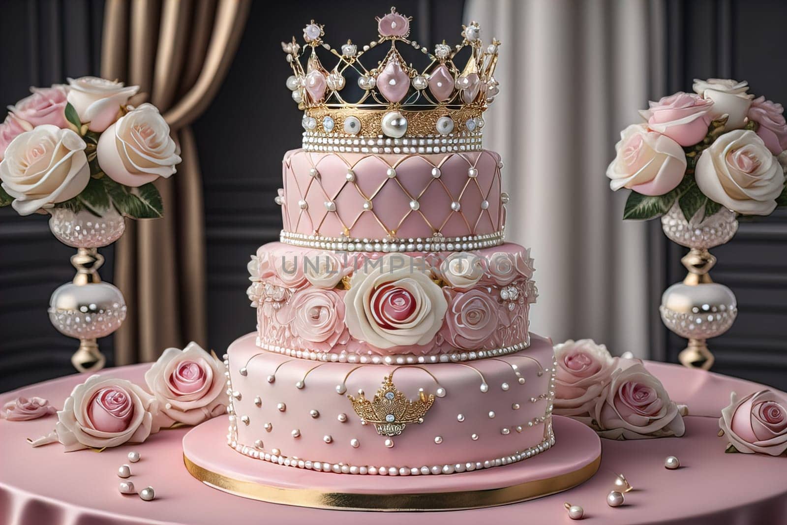 Wedding cake decorated with pink roses and gold crown on the table. ai generative