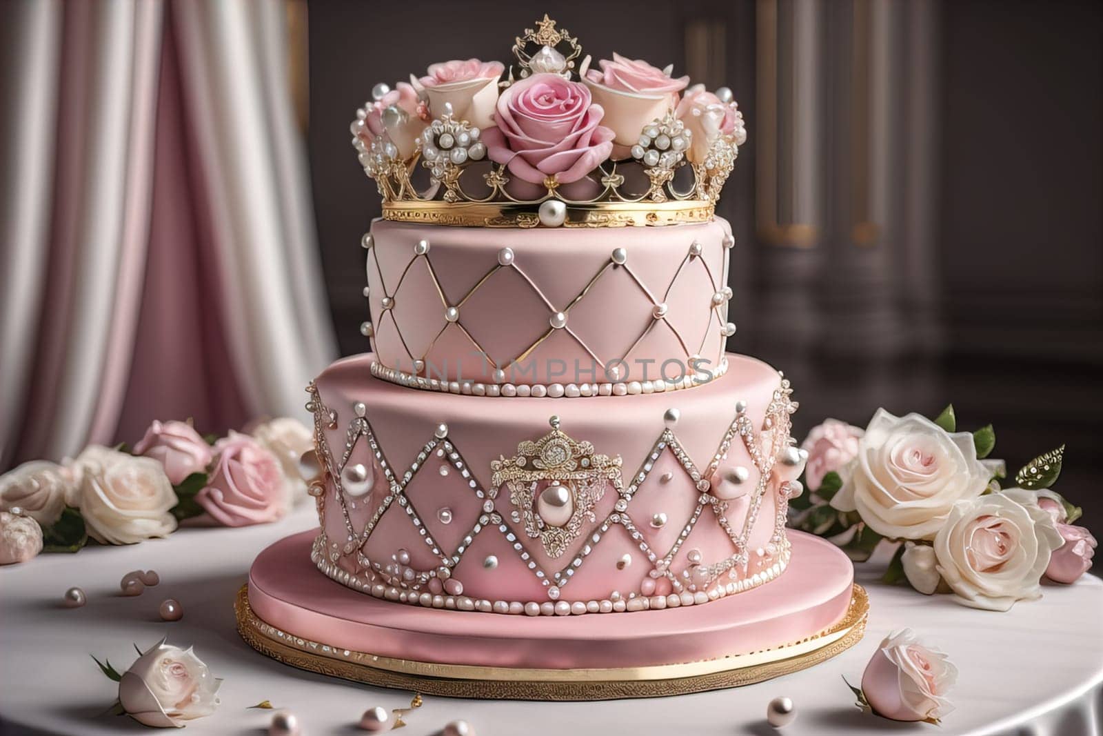 Wedding cake decorated with pink roses and gold crown on the table. ai generative