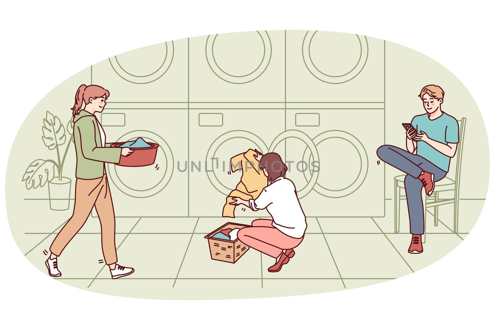 People washing clothes in public laundry. Men and women clean clothing in laundromat. Vector illustration.