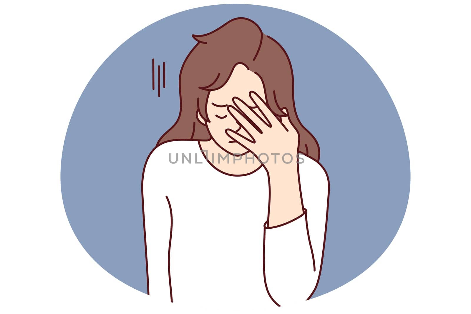 Unhappy young woman make hand gesture suffer from bad news. Upset female struggle with migraine or headache. Vector illustration.