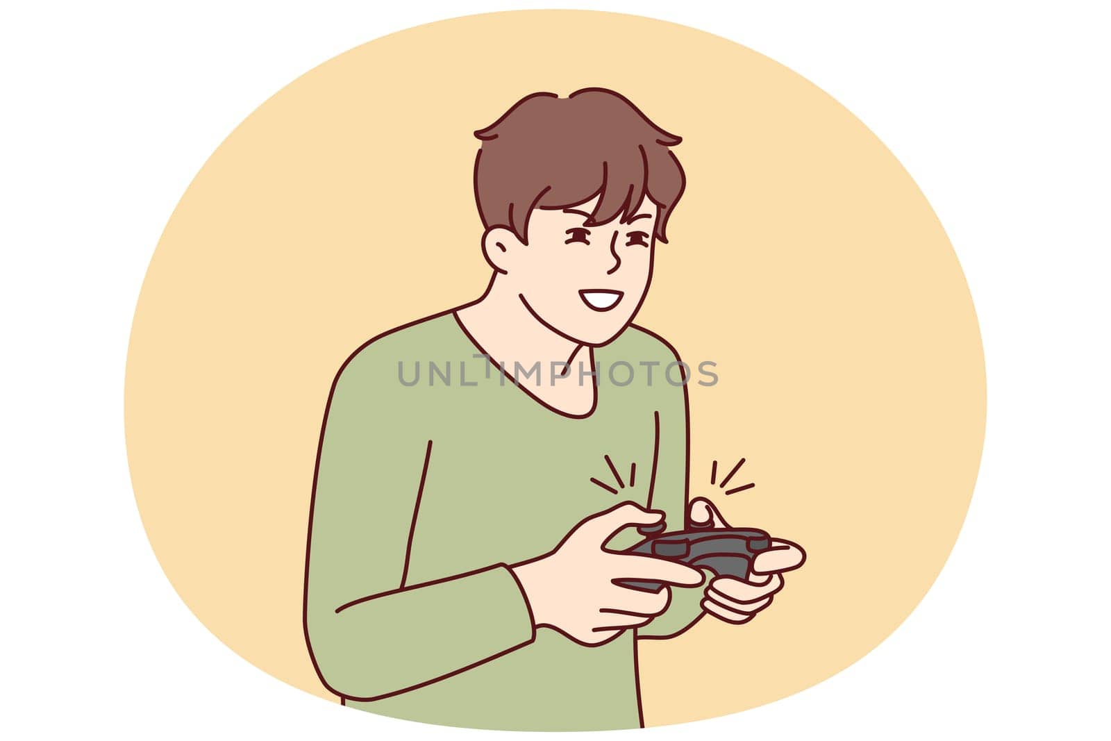 Guy with joystick playing computer games at home. Young man with joypad have fun engaged in videogame. Addiction and hobby. Vector illustration.