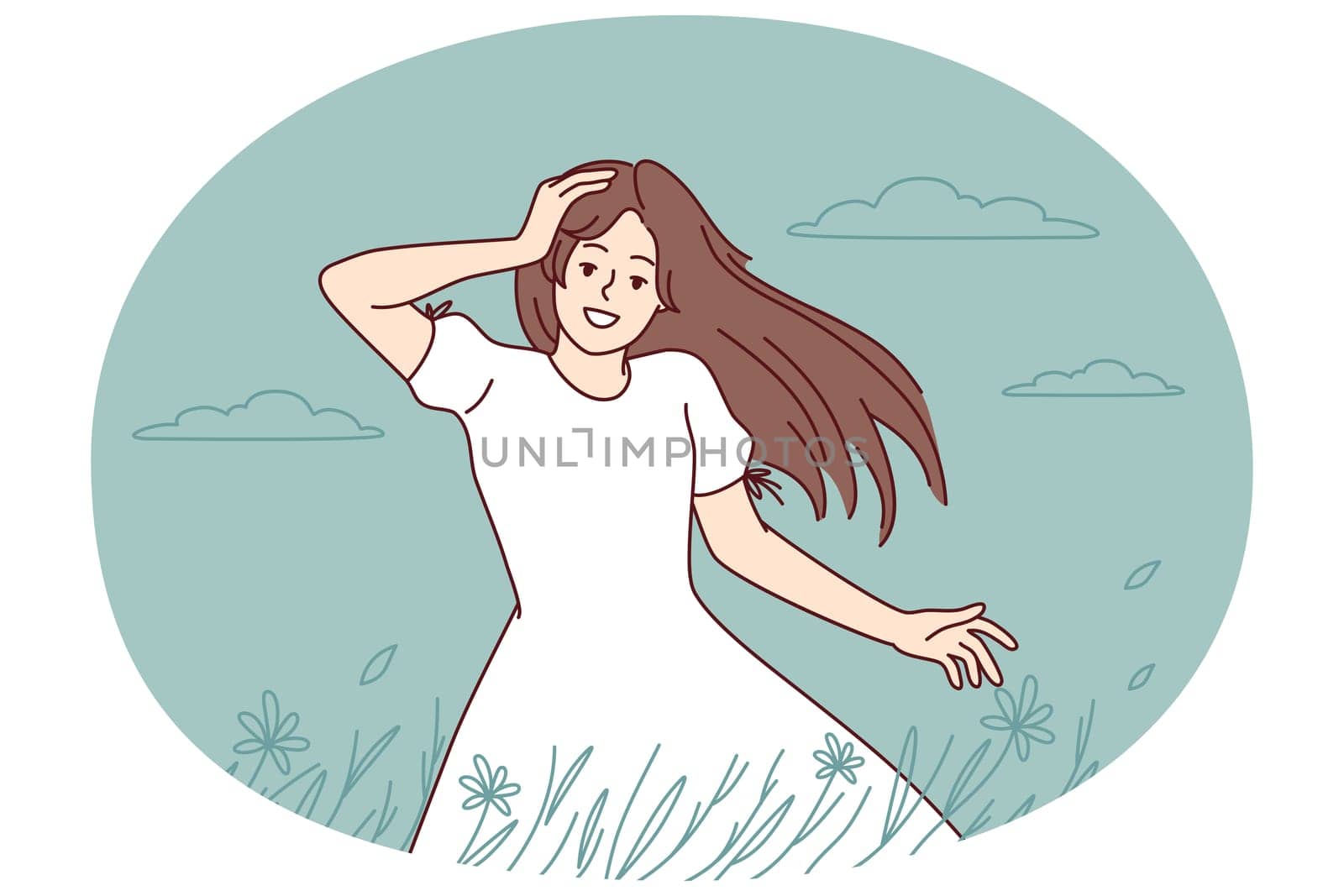 Happy young woman walking in summer field enjoying goo day. Smiling girl in countryside have recovery from mental illness. Vector illustration.
