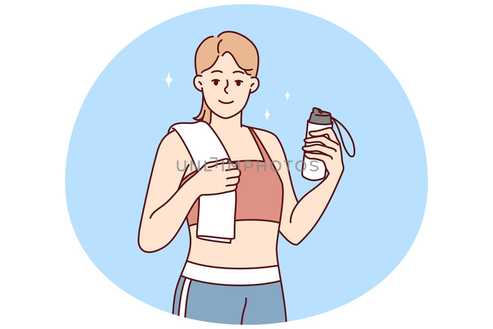 Portrait of smiling toned young woman in sportswear follow healthy lifestyle do sports. Happy sportive fit girl show good figure after workout. Vector illustration.