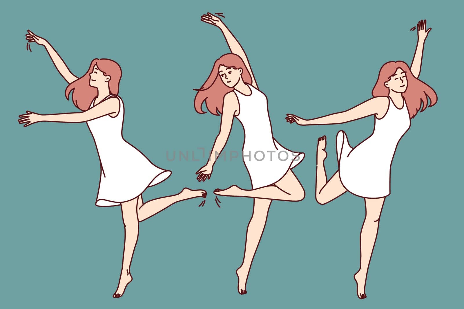 Woman ballerina in white dress demonstrates flexibility and warms up taking various ballet poses. Girl ballerina trains flexibility dreaming of performing on stage in front of audience.