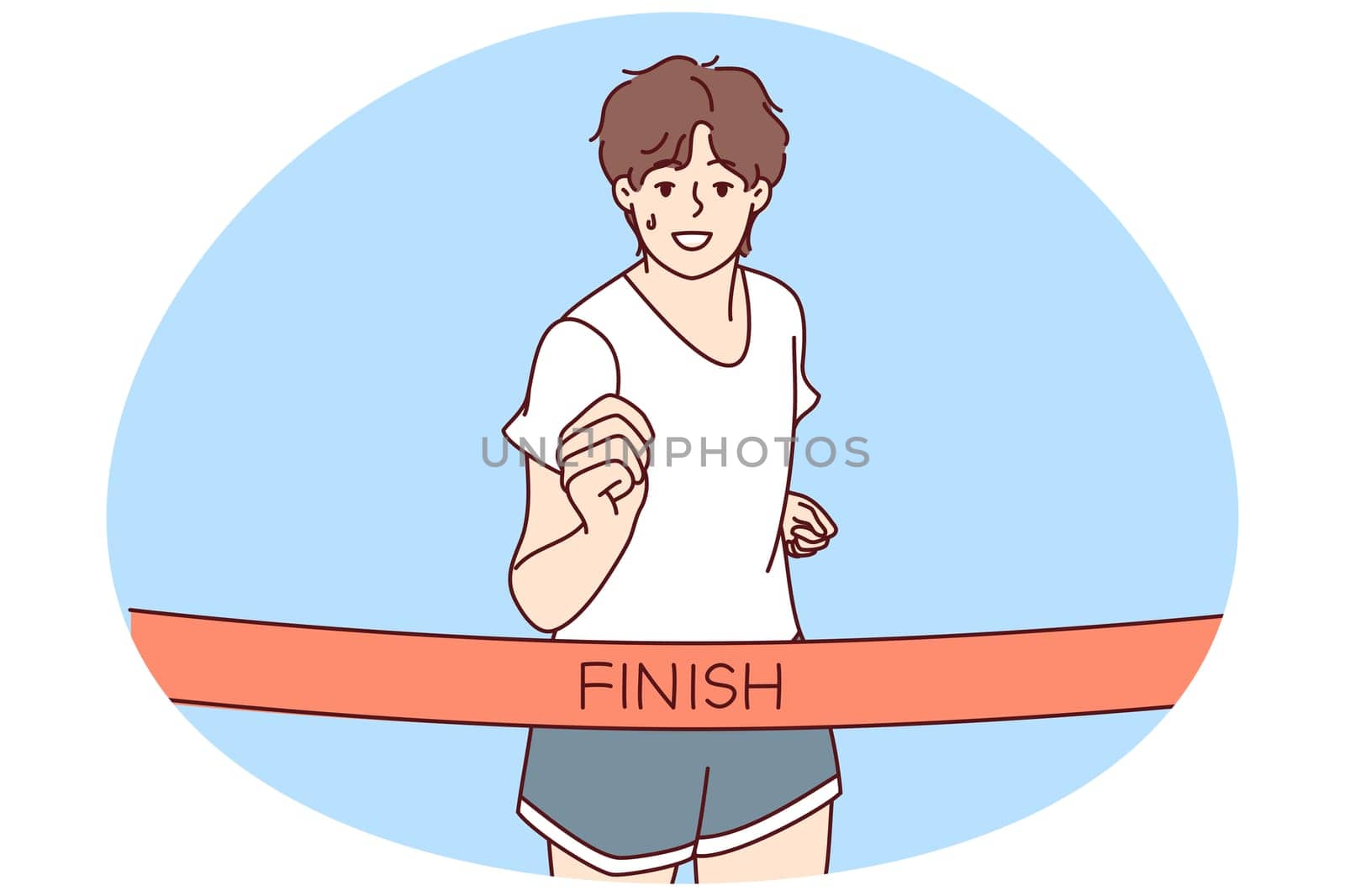 Young man in sportswear running finish race first. Smiling male athlete or sportsman participate in sport competition. Vector illustration.