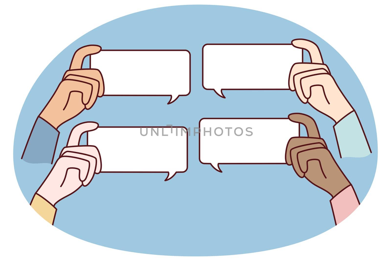 Diverse people hands holding mockup message bubbles with comments online. Users comment on internet. Talk balloons with empty copy space. Feedback and notification.