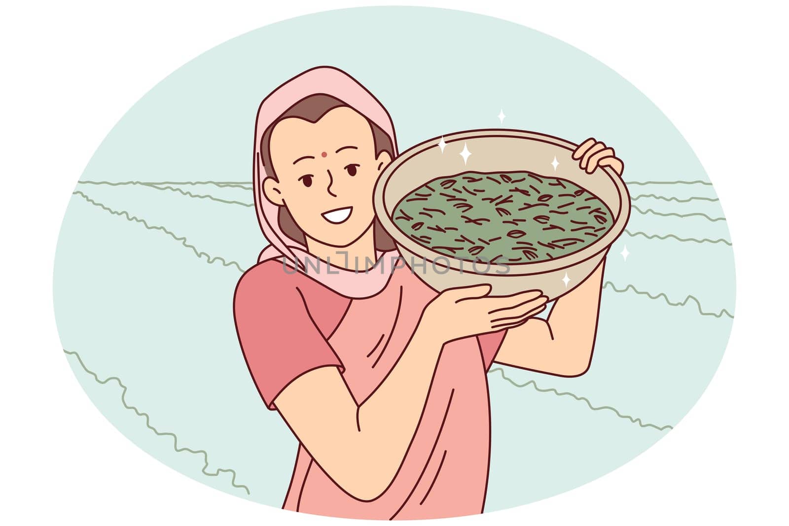 Smiling indian woman in traditional clothes show bowl working in field in countryside. Happy female worker collecting crop in rural grassland. Farming concept. Vector illustration.
