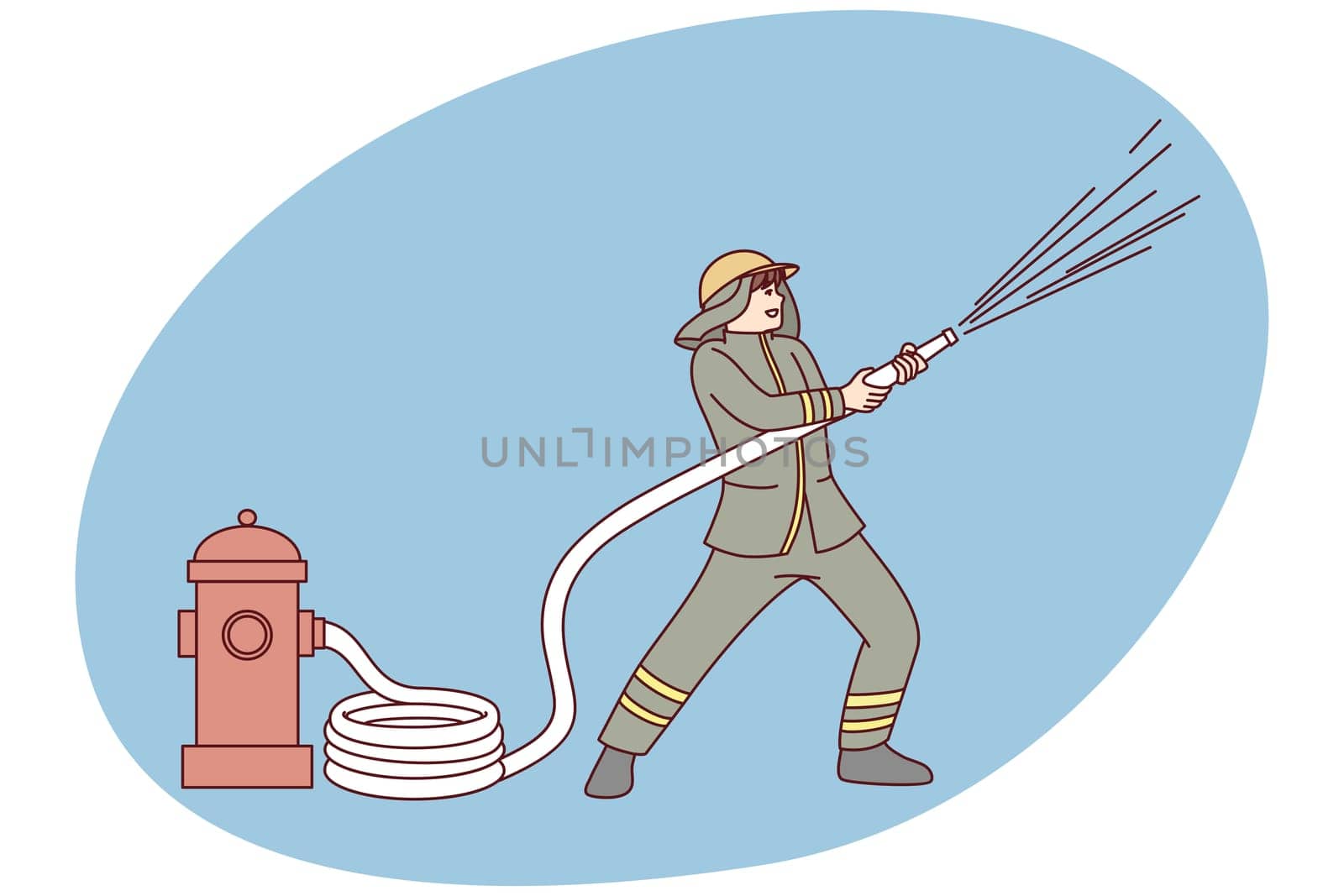 Male fireman with hose pouring water on burning building or house. Man fire fighter in uniform working on emergency site. Firefighting concept. Vector illustration.