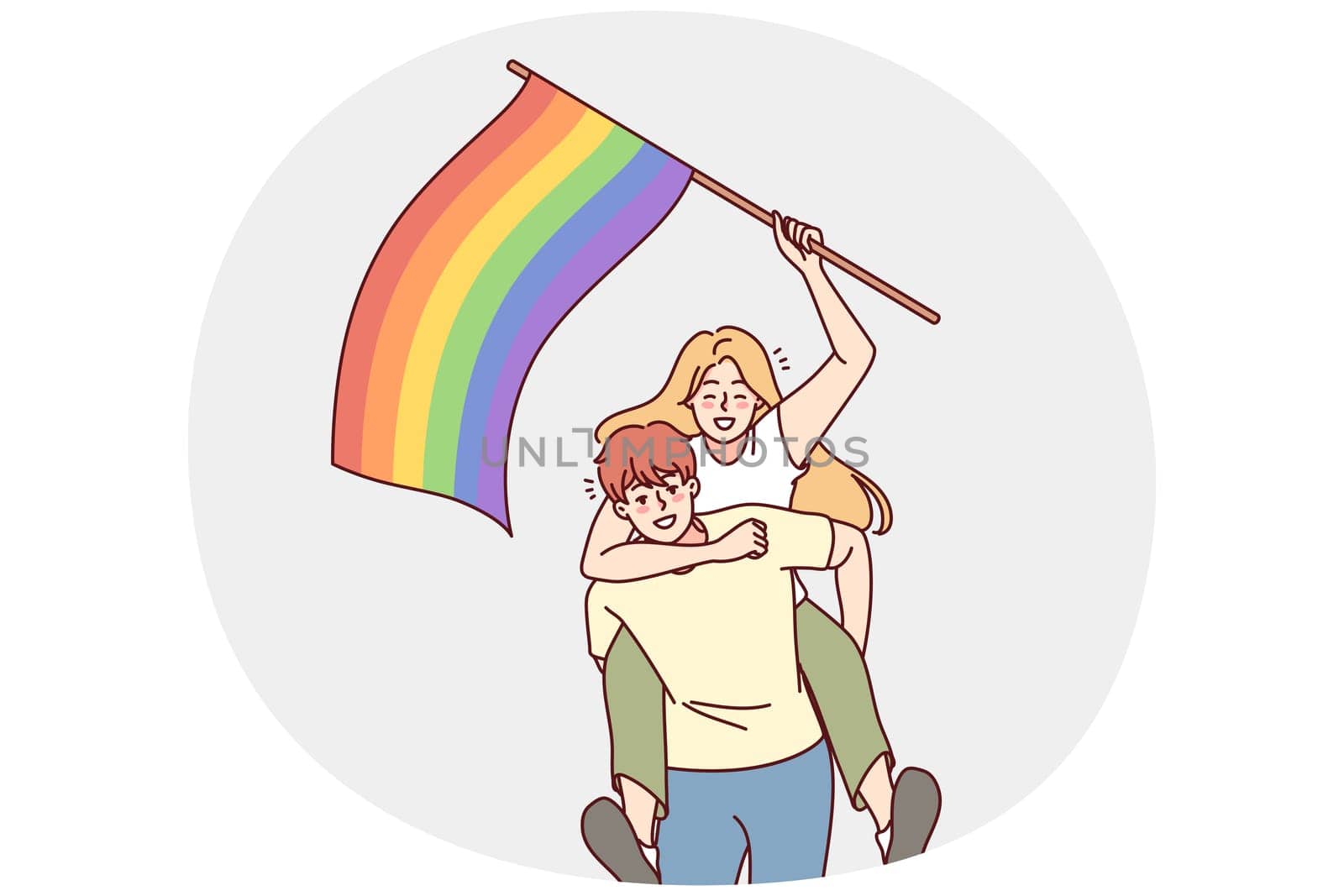 Happy couple with LGBT flag. Smiling man and woman showing support on pride parade. Homosexuality and love freedom. Vector illustration.