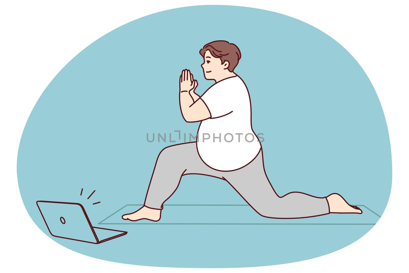 Fat man in sportswear training on mat with online video lesson on computer. Overweight male do sports exercise with classes on internet on laptop. Healthy life and weight loss. Vector illustration.