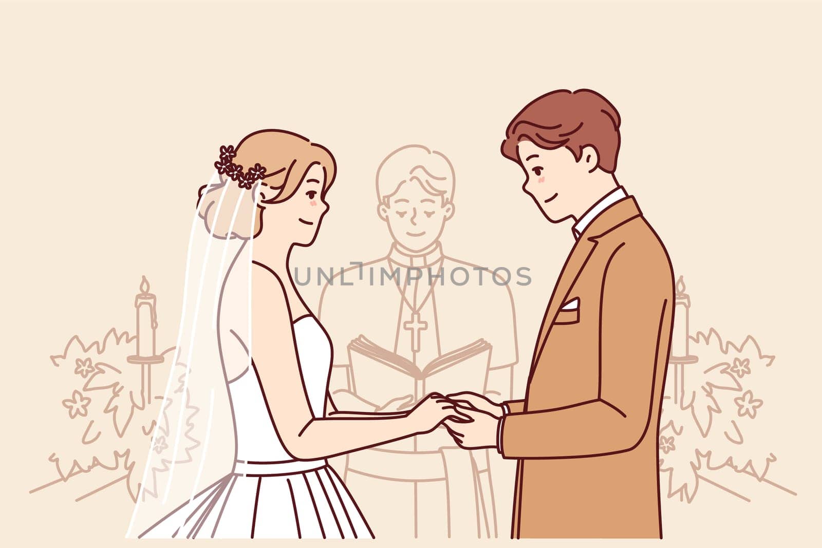 Bride and groom on altar, hold hands and listen to speech of priest during wedding ceremony
