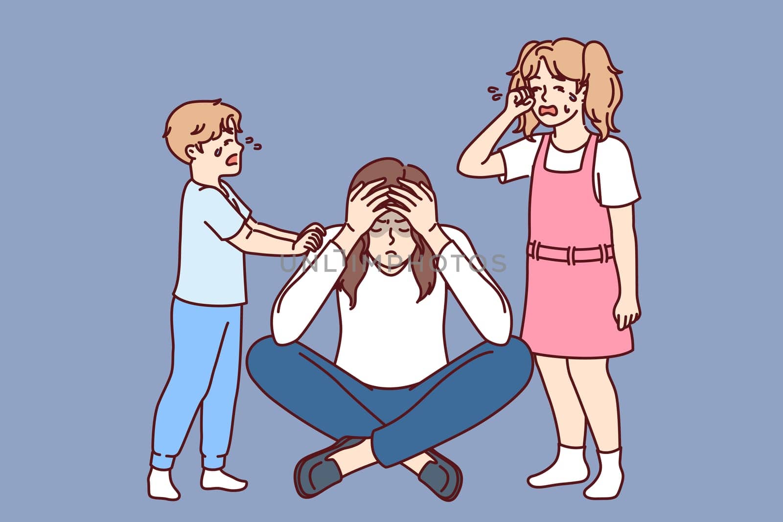 Crying children near upset mother suffering from financial problems and bankruptcy or husband leaving family. Little girl and boy are stressed with mother because of fathers accident