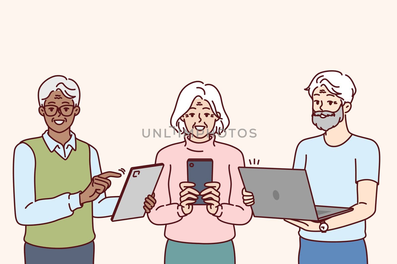 Older people use gadgets and learn digital literacy and internet surfing through phone or laptop. Smiling pensioners stand with gadgets in hands urging peers to use online services