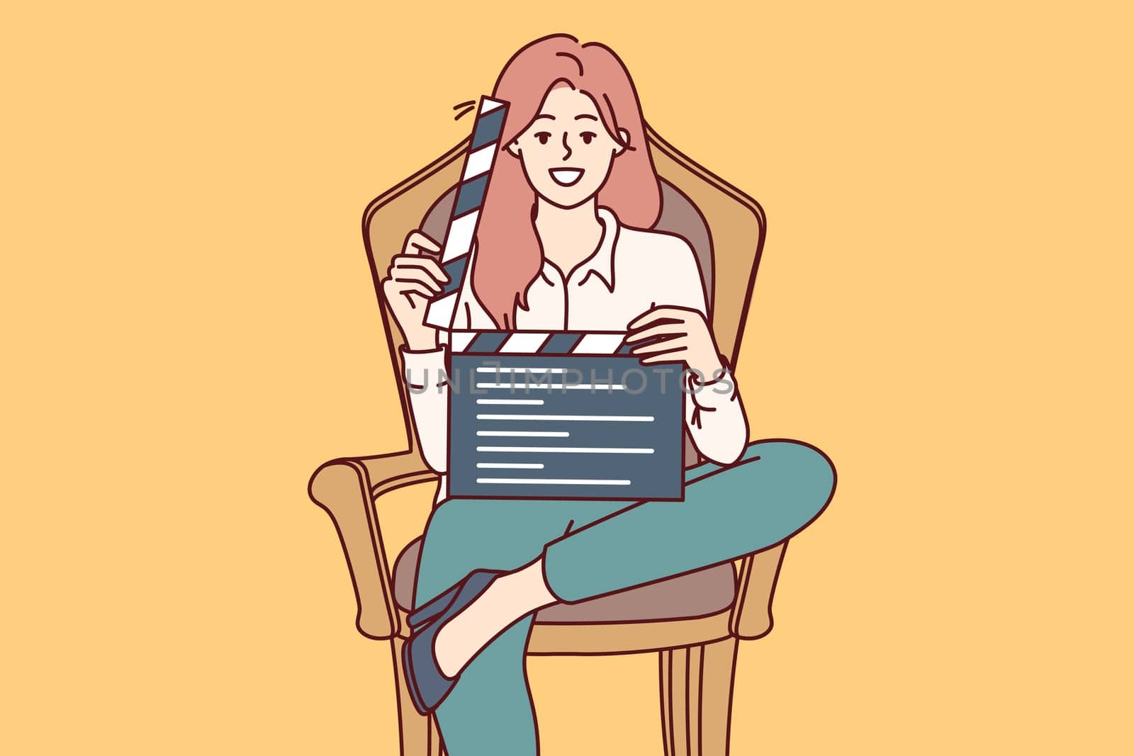Woman film producer holds clapperboard and smiles sitting in chair to invite actors to participate in casting. Girl director demonstrates clapperboard after completing shooting of next take