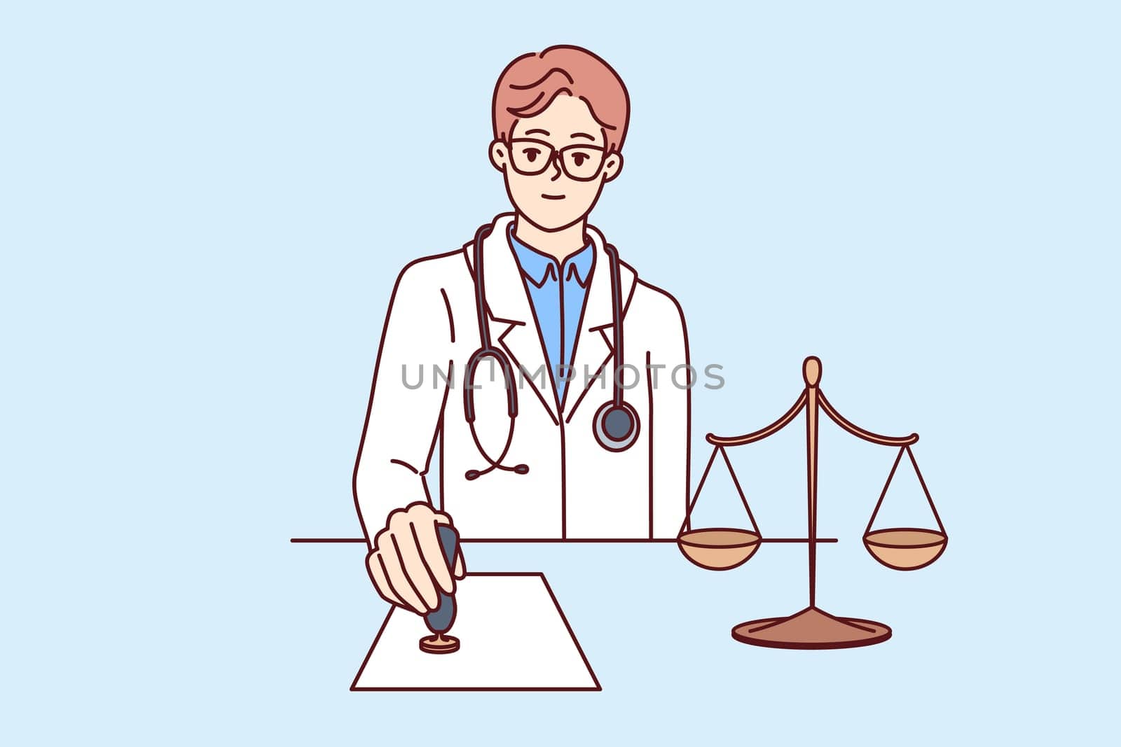 Doctor puts stamp on legal document demonstrating approval of medical legislation or right to receive insurance benefits. Concept legislation protecting doctor from criminal prosecution