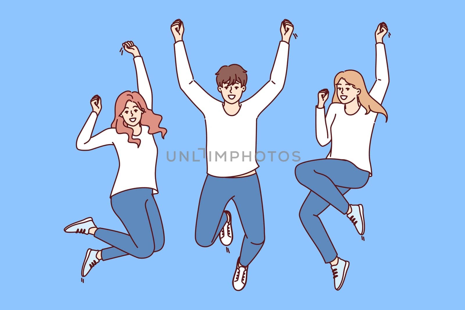 Happy people jump for joy and raise hands in victory, rejoicing at success in career or education. Cheerful man and women in casual clothes jumping and smiling at same time looking at screen