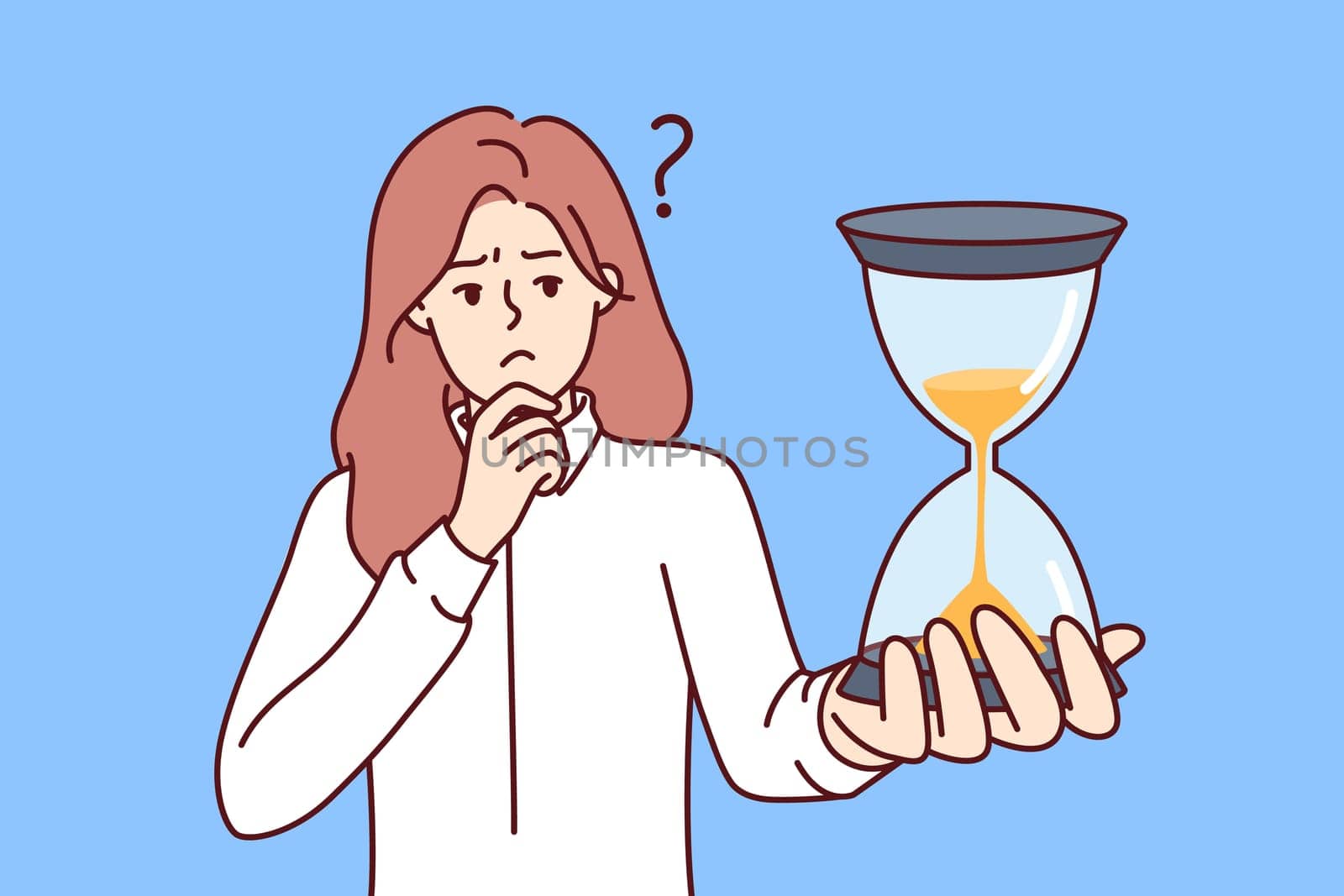 Pensive woman holding hourglass and scratching chin feeling discomfort due to strict deadlines. Girl with hourglass in hands thinks about productivity and ways to save time at work.