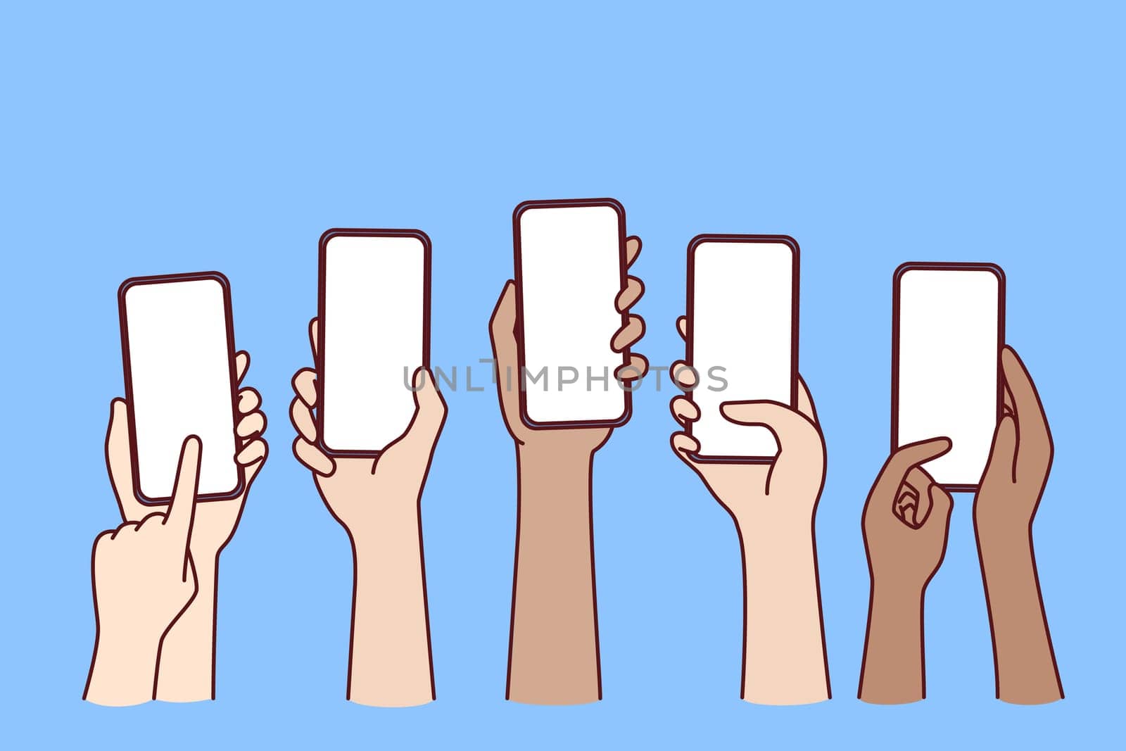 Hands of people with mobile phones with blank screen to show advertising apps or websites