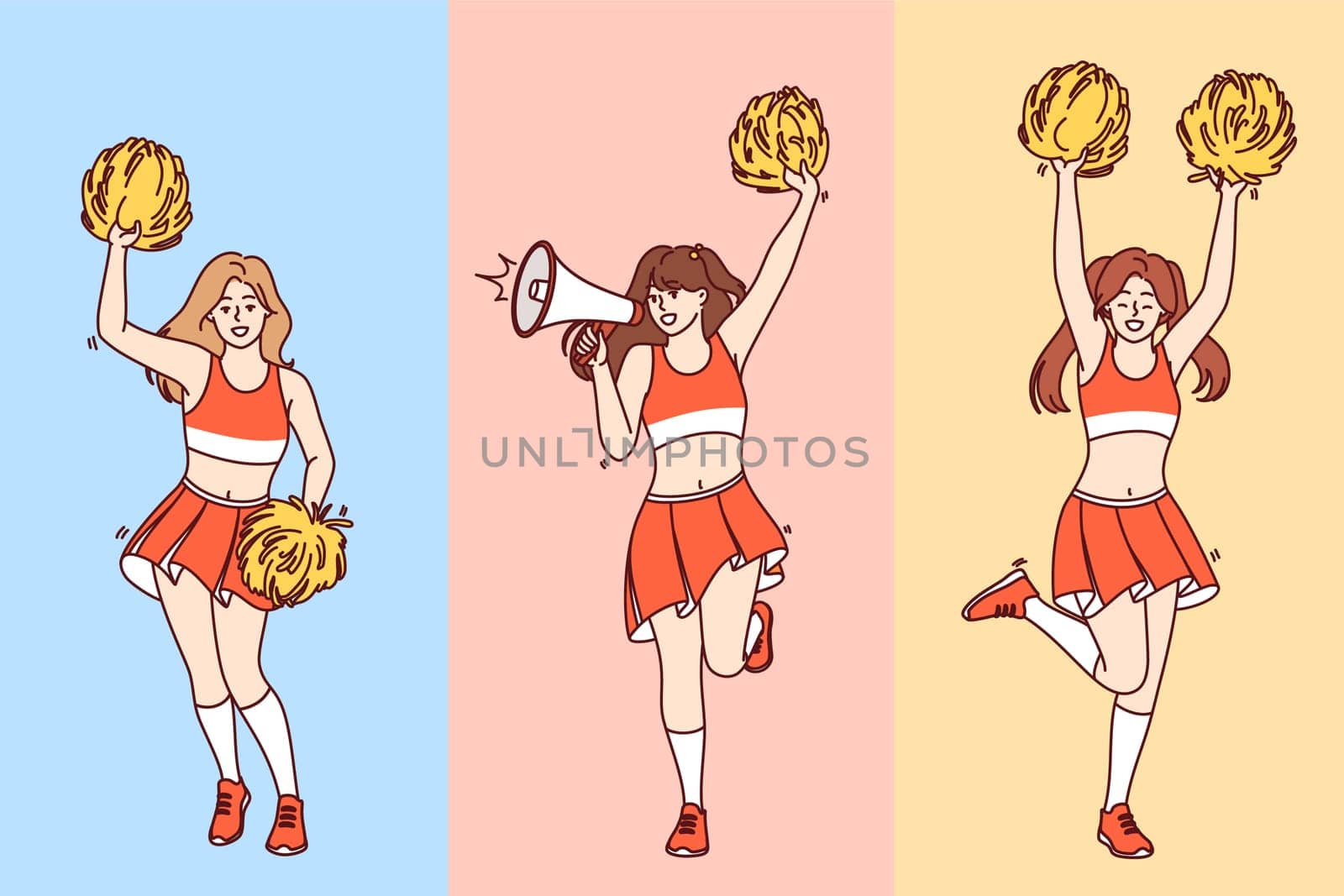 Girls cheerleaders jump and wave pom-poms in arms supporting fans of sports football team. Female cheerleaders with megaphone in skirts and tops perform before start of baseball tournament