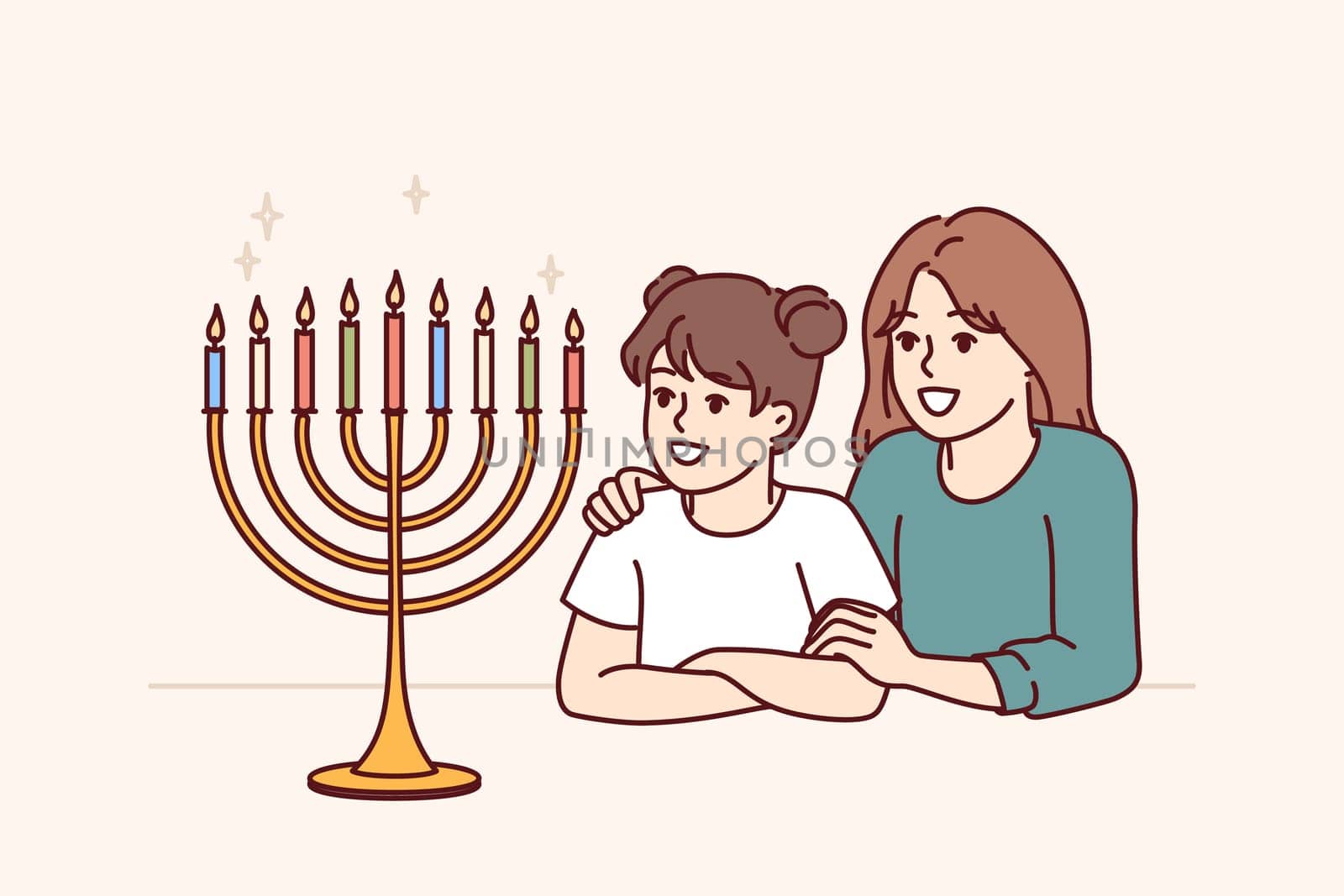 Preteen girls sisters look at menorah with burning candles and rejoice at approach of holiday of hanukkah. Menorah on table near two happy children symbolizes jewish religion and honoring traditions