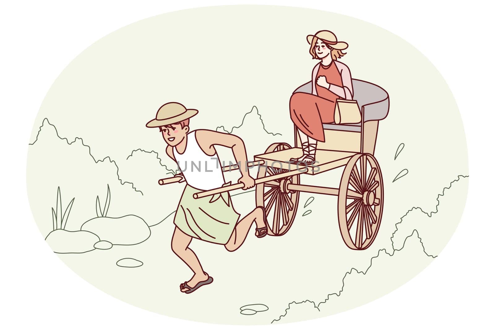Man pulling rickshaw with woman sitting. Guy with wheeled cart riding female client outdoors. Vector illustration.
