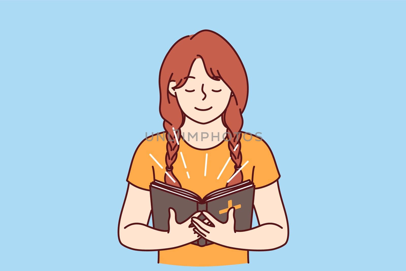 Little girl with bible in hands studies prayers and gospel before going to christian church. Happy child believer in catholic religion holds bible illuminating face and smiles feeling support of lord