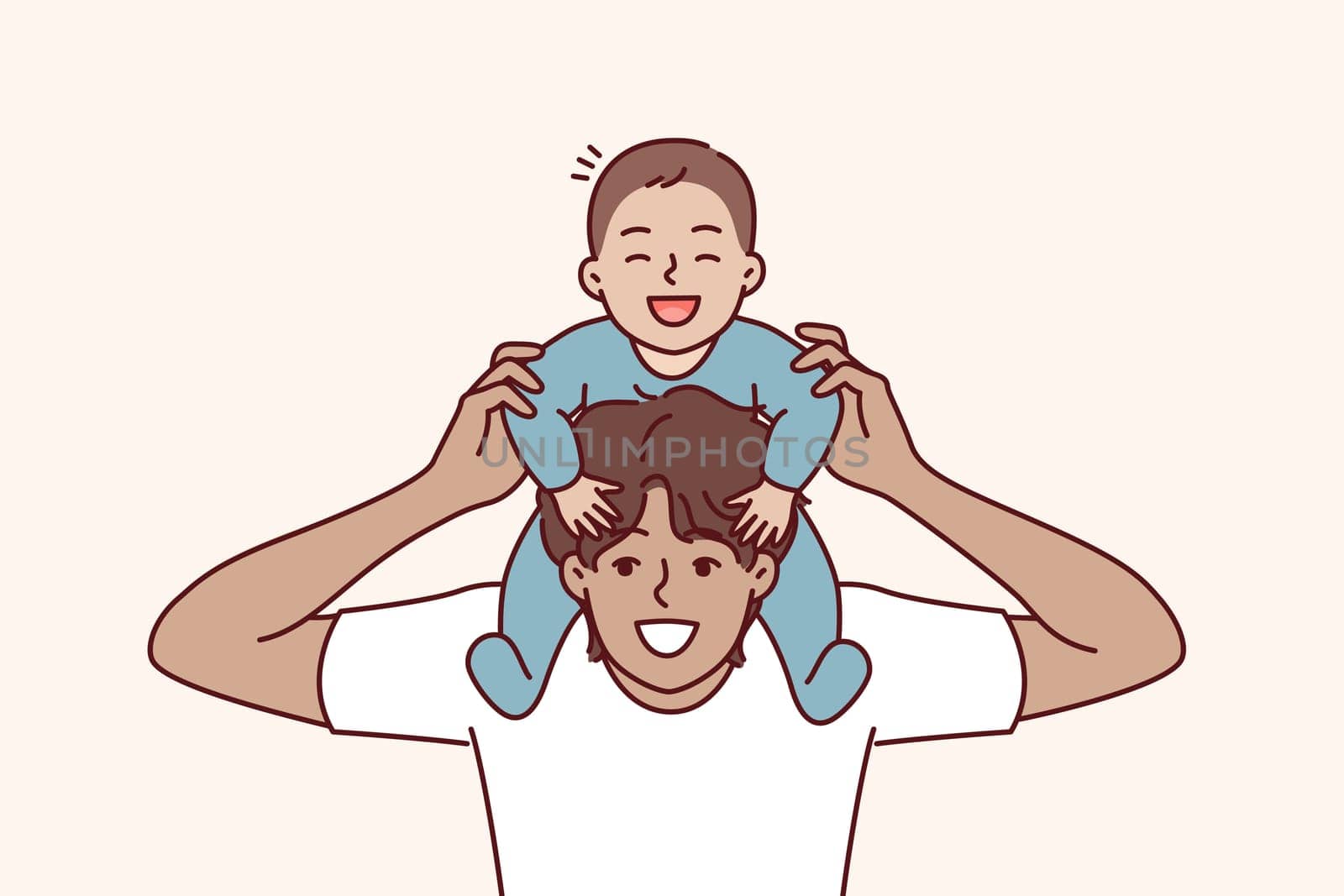 Man put baby on neck and laughed, rejoicing at presence of younger brother or beloved son. Happy young guy rolls baby and takes care of infant for concept celebrating father day and thanking parents