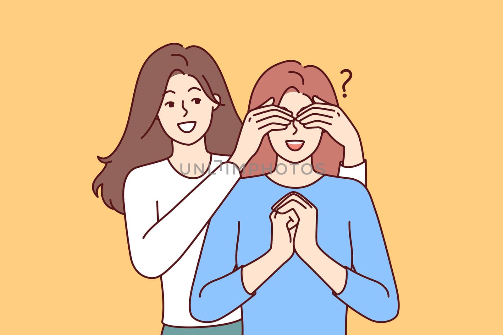 Happy woman closes sisters eyes, coming up from behind and making surprise, asking riddle who it is. Young female friends doing surprise when meeting and getting pleasant emotions from communication