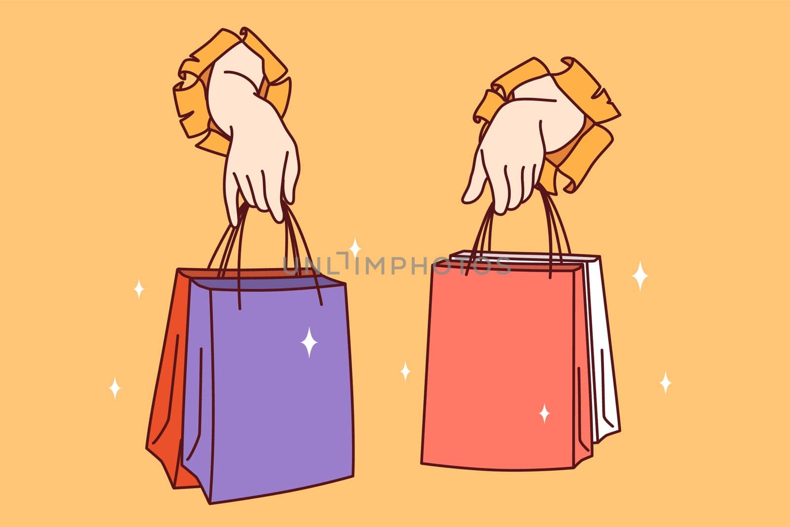 Hands people with paper shopping bags protrude from holes in banner for advertising discount centers. Paper bags made from recycled materials symbolize recycling products and concern for environment.