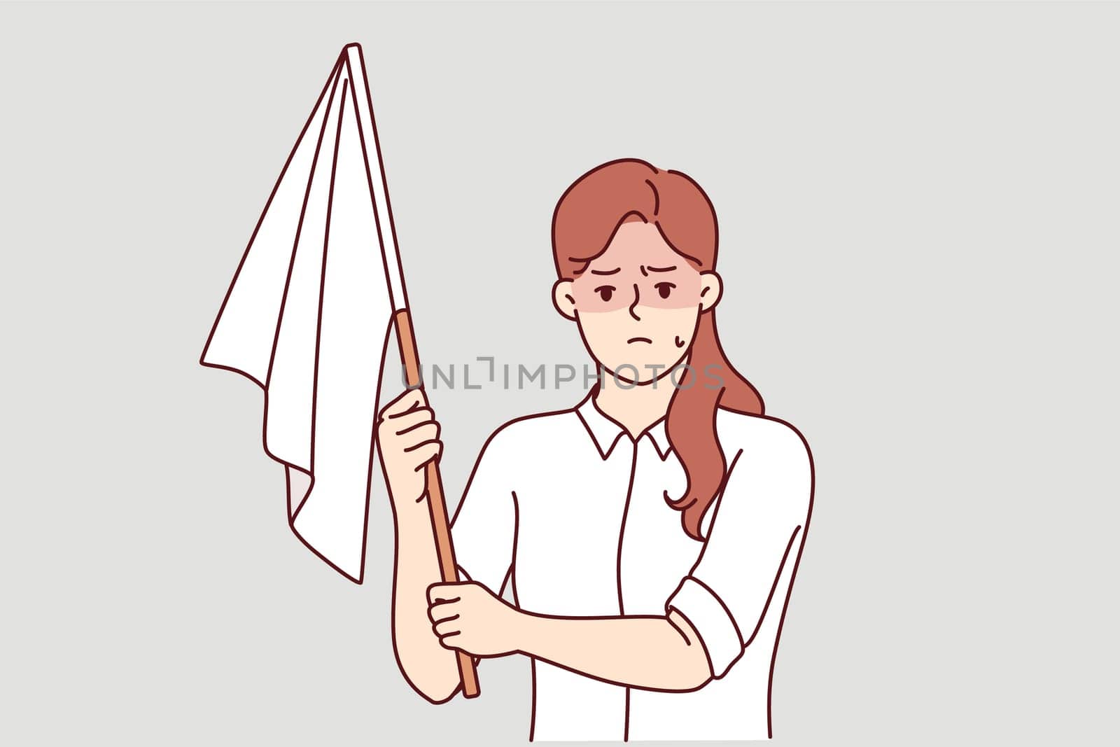 Businesswoman capitulates and shows white flag, sensing lack of opportunities to avoid bankruptcy. Concept of financial problems and economic crisis causing unemployment and bankruptcy entrepreneurs