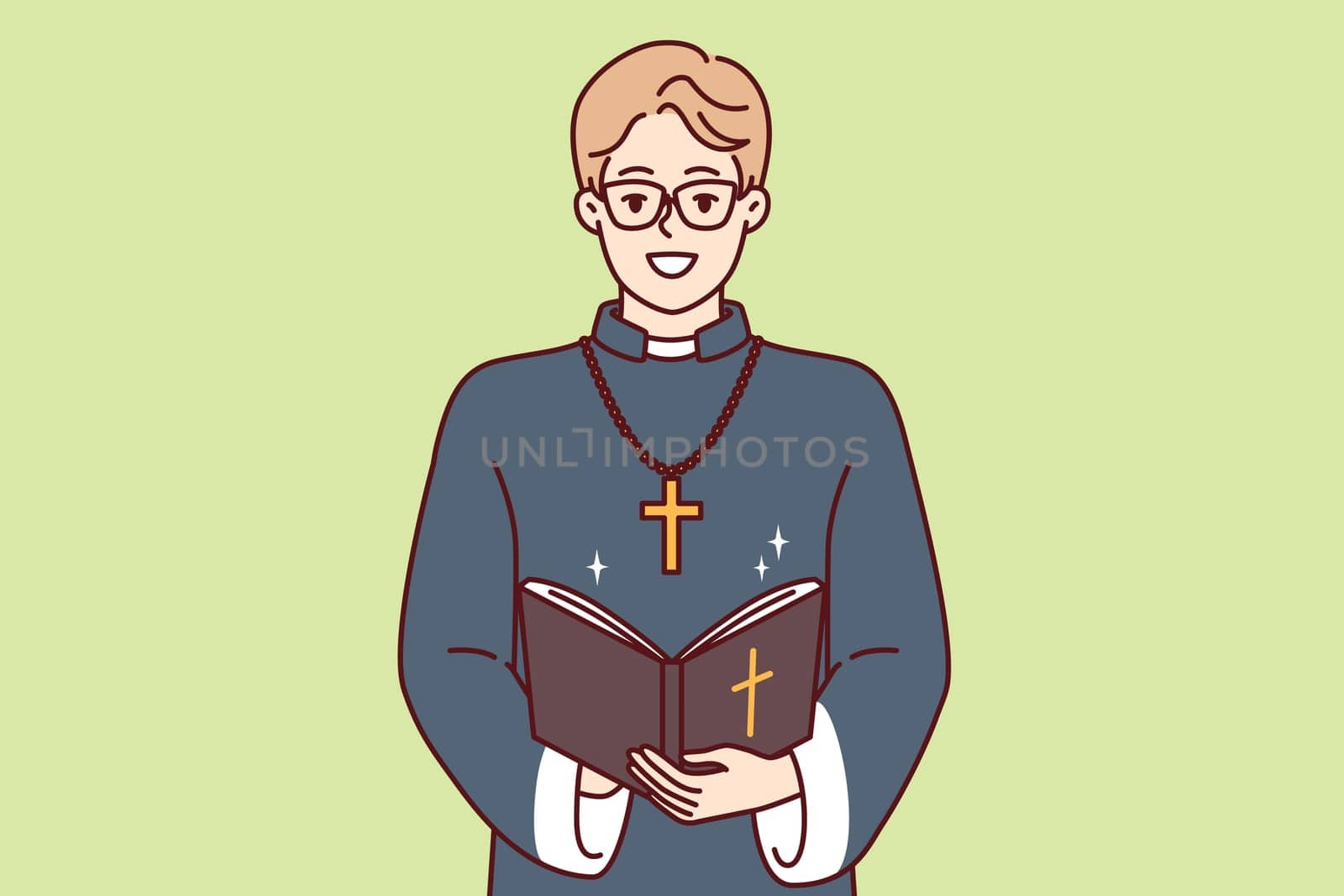 Happy man priest with bible and golden cross on neck smiles preaching and reading prayers in christian church. Young priestly mentor monastery or catholic cathedral teaches religious texts