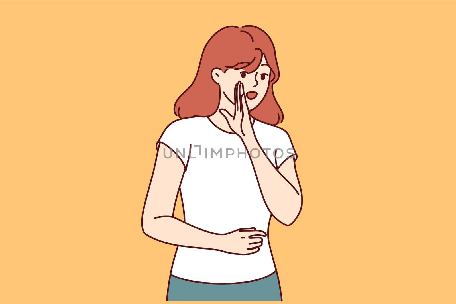 Woman shares secret information and puts hand near mouth to voice important message. Girl in casual clothes wants to gossip and tell about secret sale or way to save money on shopping