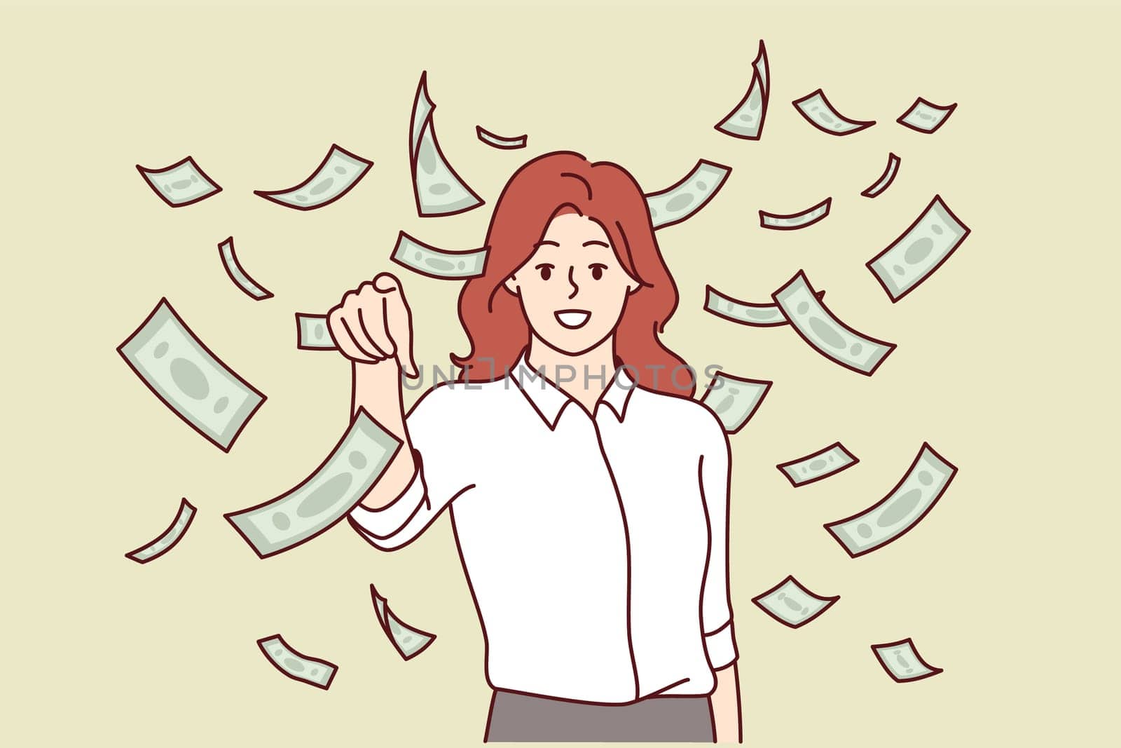 Woman investor stands among rain of money and points finger at you, asking about desire to make money on financial market. Rich girl investor gets big income from bank deposit or founding startup